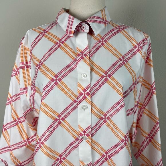 Chico's White Pink Orange Print No Iron Stretch Button Down Shirt 3 - Picture 4 of 10